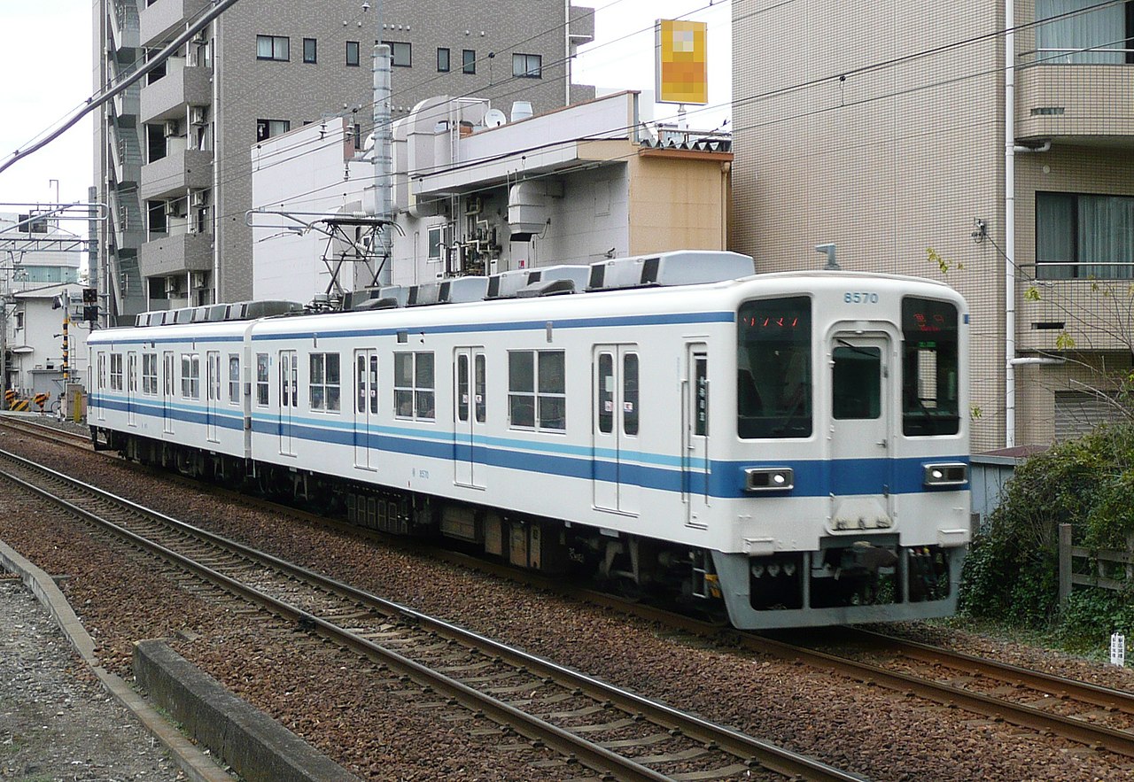 Tobu 8000 series two-car EMU set 8570 on the Tobu Kameido Line between Higashi-Azuma and Kameidosuij