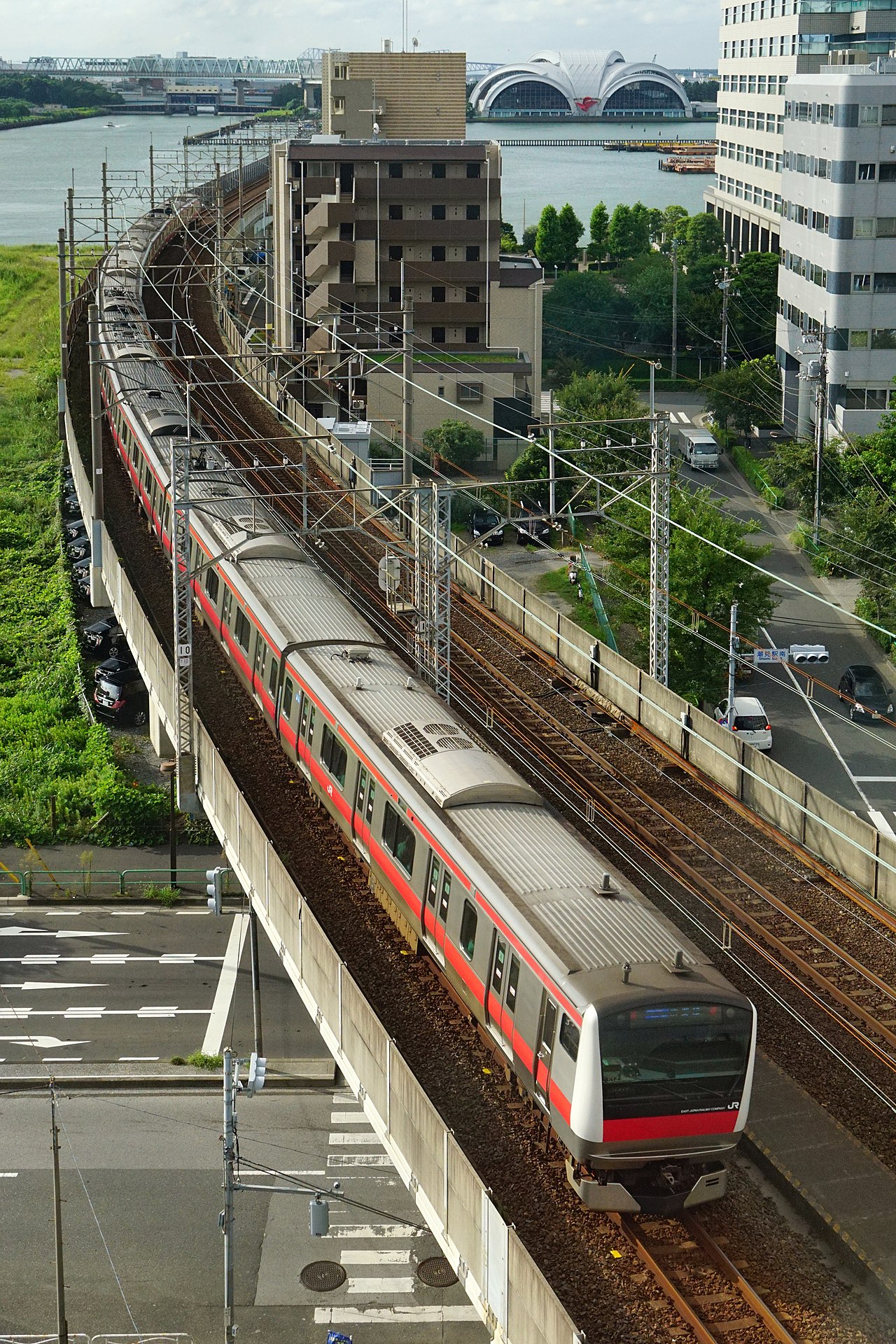 JR East E233-5000 series EMU set 514 on a Keiyo Line service in Koto, Tokyo, Japan