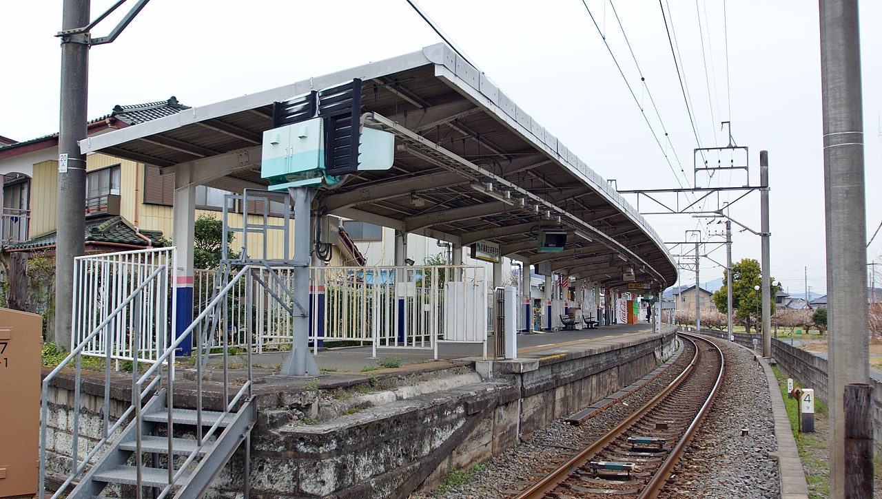 The platform of Bushu-Karasawa Station on the Tobu Ogose Line in Saitama Prefecture, Japan, viewed f